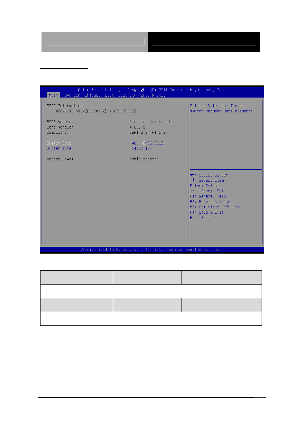 Setup menu, Setup submenu: main | AAEON AEC-6613 User Manual | Page 42 / 88