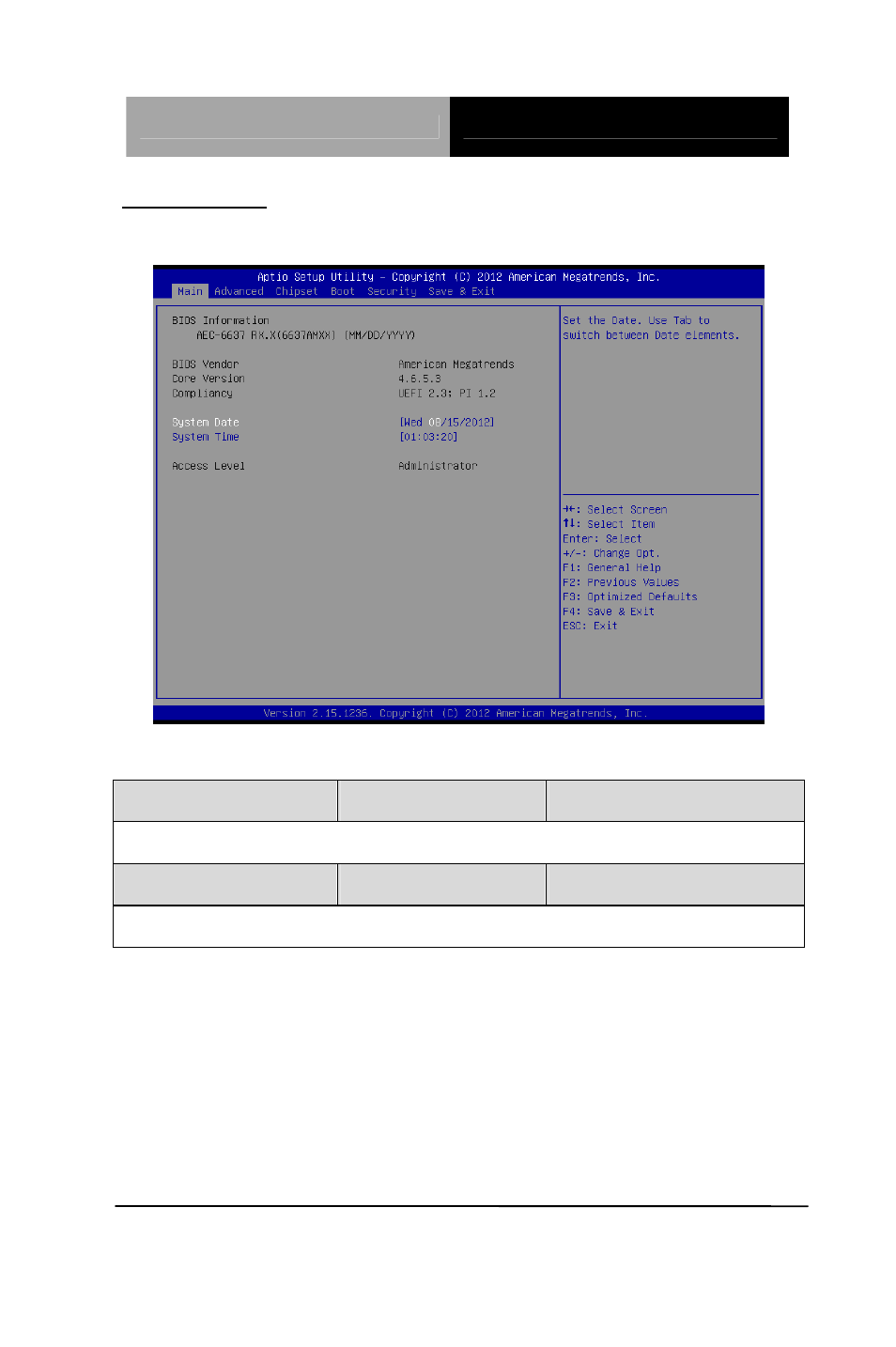 Setup menu, Setup submenu: main | AAEON AEC-6637 User Manual | Page 70 / 132