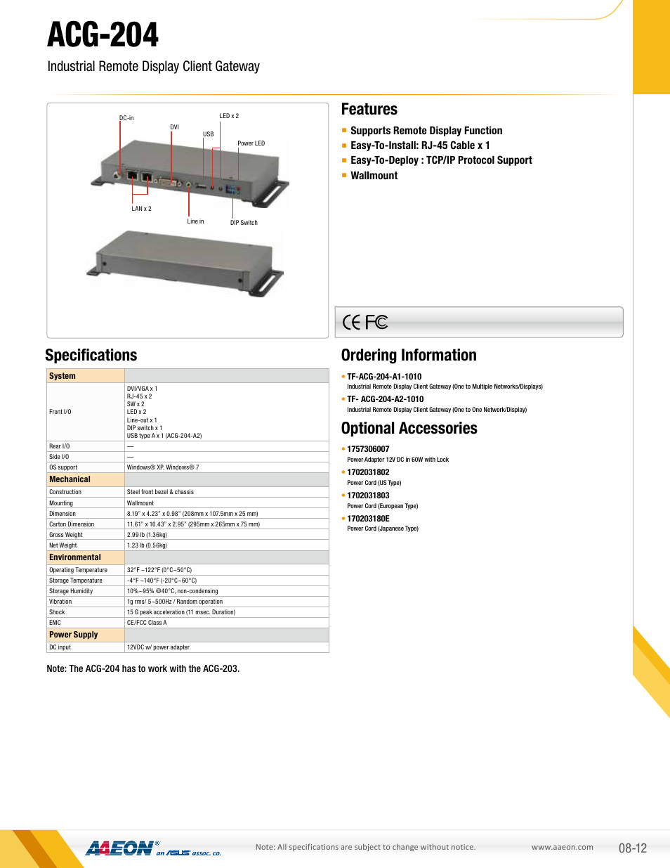 AAEON ACG-204 User Manual | 1 page