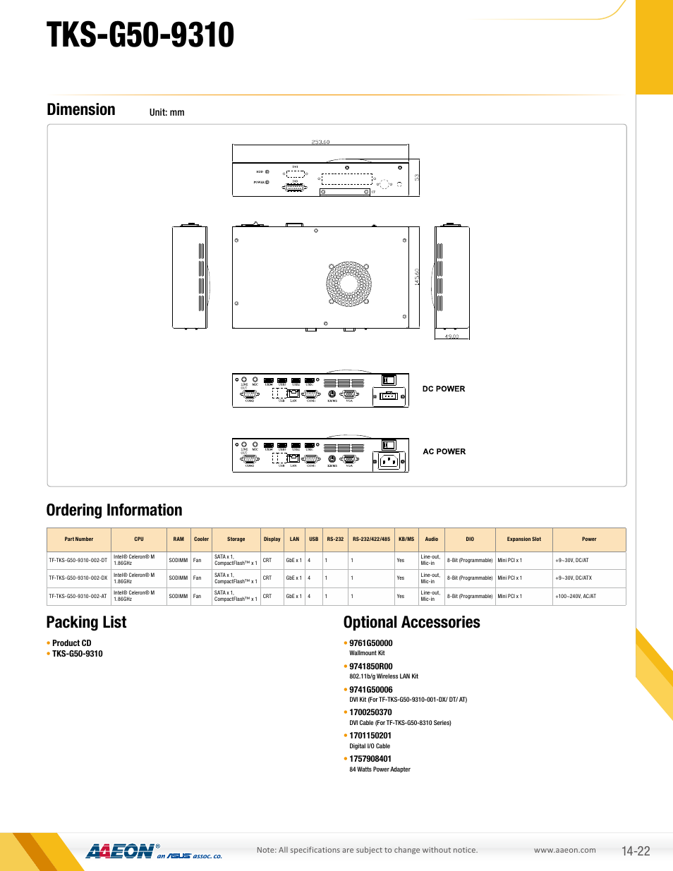 Dimension, Optional accessories, Ordering information packing list | Unit: mm | AAEON TKS-G50-9310 User Manual | Page 2 / 2