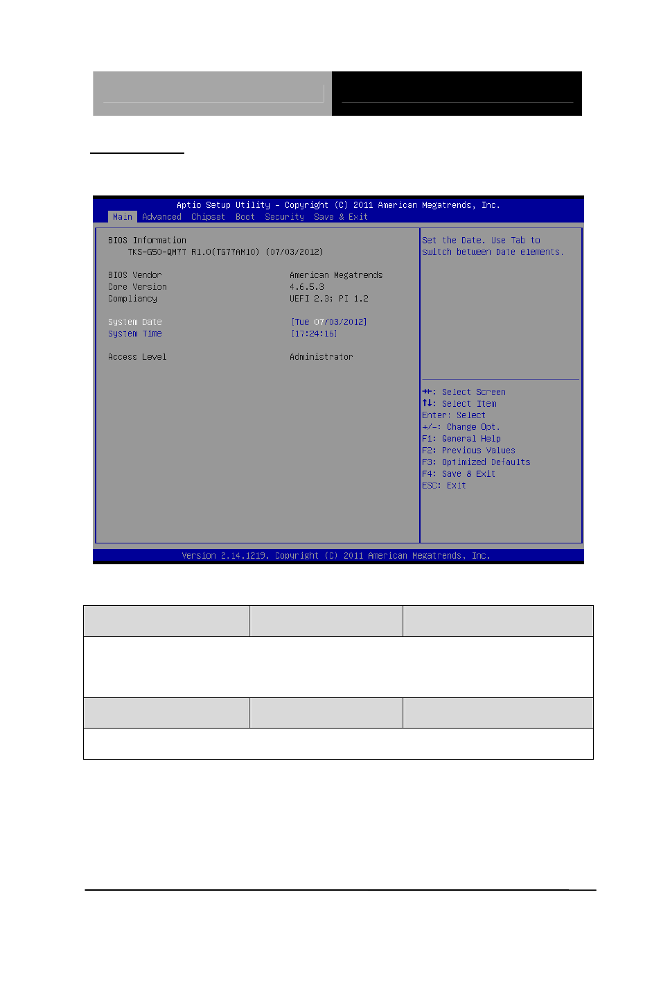 Setup menu, Setup submenu: main | AAEON TKS-G50-QM77 User Manual | Page 41 / 117
