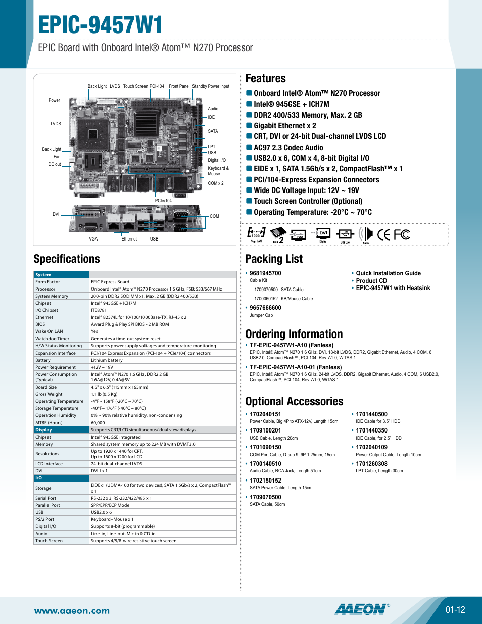 AAEON EPIC-9457W1 User Manual | 1 page