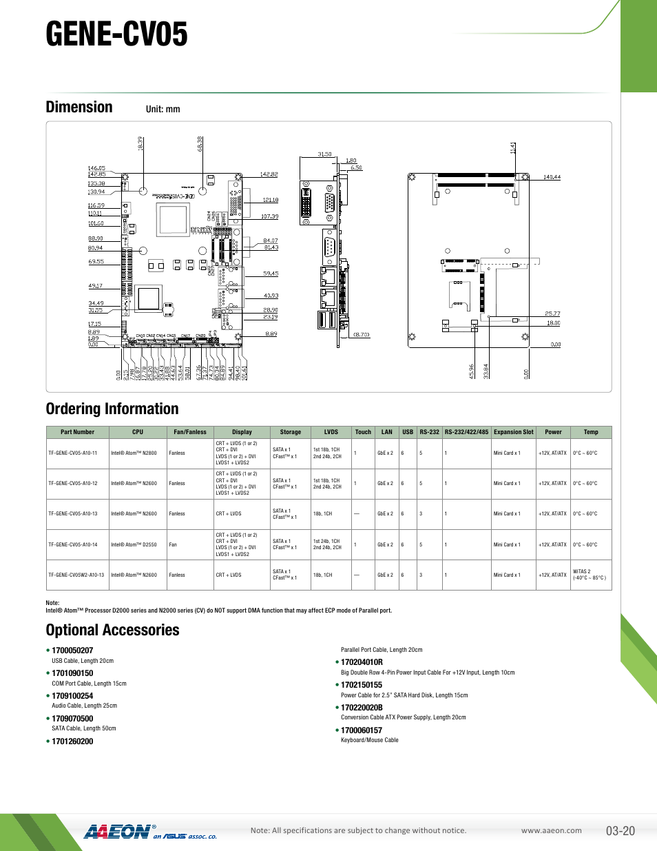 Gene-cv05, Dimension, Ordering information optional accessories | Unit: mm | AAEON GENE-CV05 User Manual | Page 2 / 2