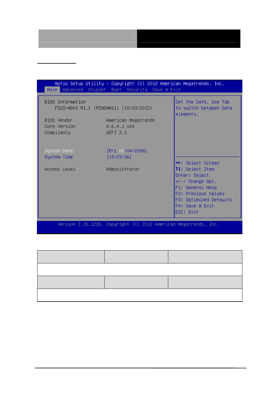Setup menu, Setup submenu: main | AAEON PICO-HD01 User Manual | Page 45 / 104