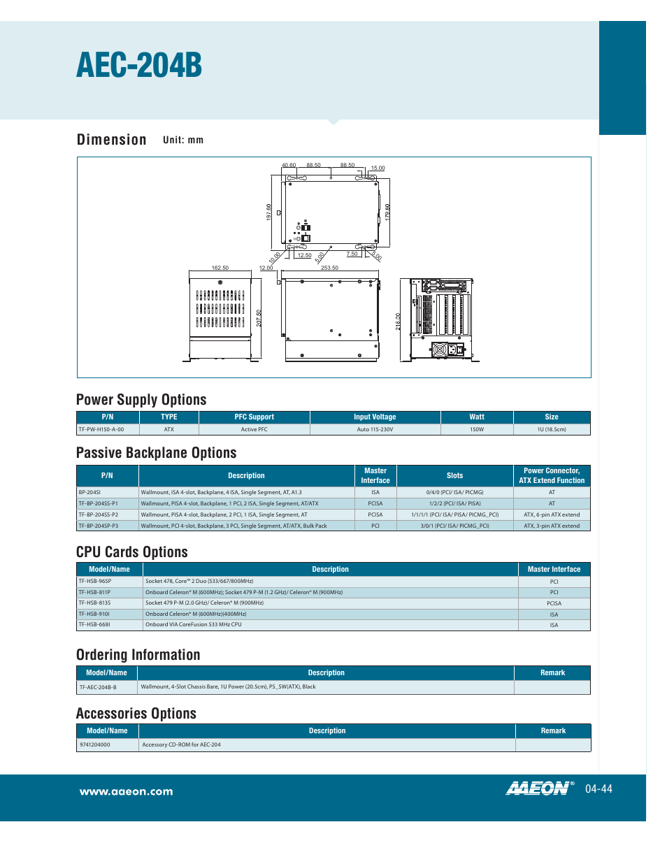 Aec-204b, Dimension, Ordering information power supply options | Passive backplane options, Cpu cards options, Accessories options | AAEON AEC-204B User Manual | Page 2 / 2