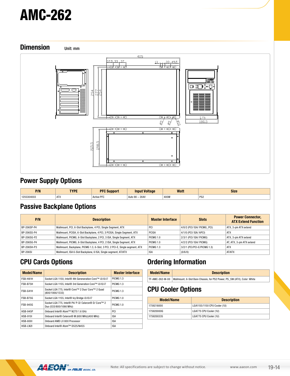Amc-262, Dimension, Ordering information passive backplane options | Power supply options cpu cards options, Cpu cooler options | AAEON AMC-262 User Manual | Page 2 / 2