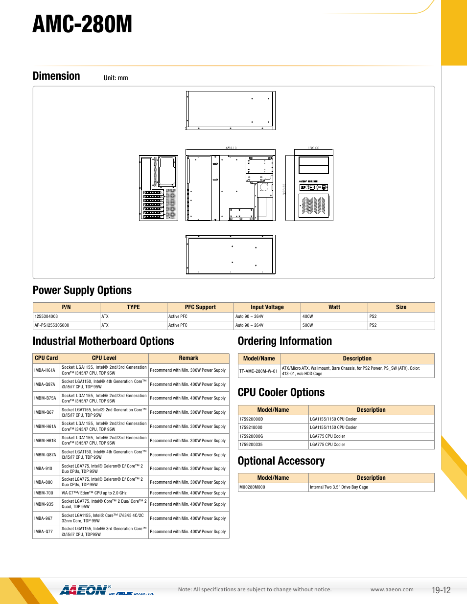 Amc-280m, Dimension, Ordering information | Power supply options, Industrial motherboard options, Cpu cooler options optional accessory | AAEON AMC-280M User Manual | Page 2 / 2