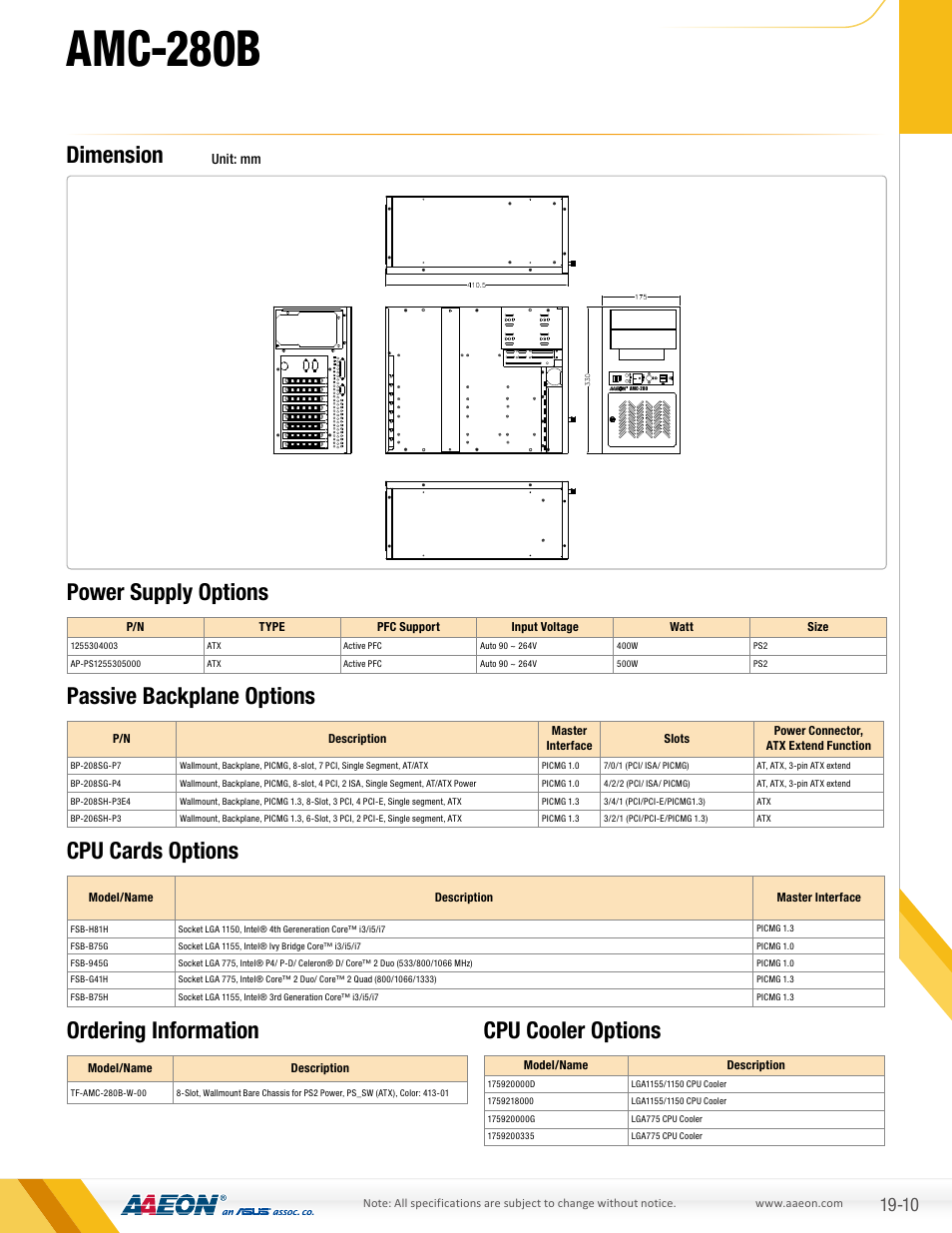 Amc-280b, Dimension, Ordering information passive backplane options | Cpu cards options, Power supply options, Cpu cooler options | AAEON AMC-280B User Manual | Page 2 / 2