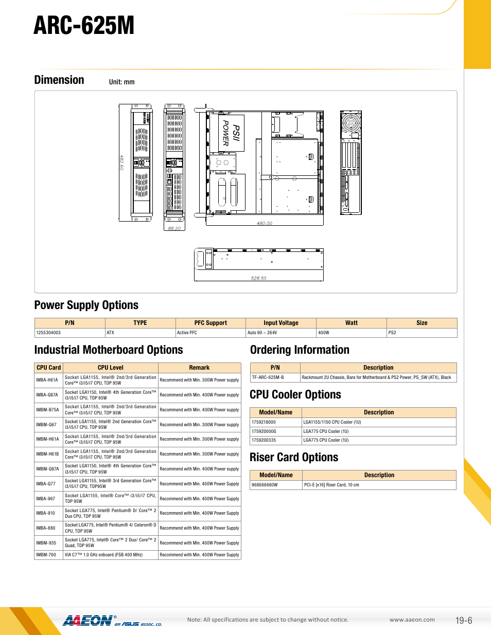Arc-625m, Dimension, Ordering information power supply options | Industrial motherboard options, Cpu cooler options riser card options | AAEON ARC-625M User Manual | Page 2 / 2