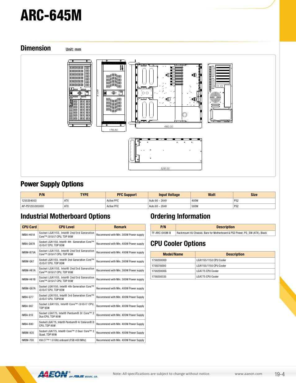 Arc-645m, Dimension, Ordering information | Industrial motherboard options, Power supply options, Cpu cooler options | AAEON ARC-645M User Manual | Page 2 / 2