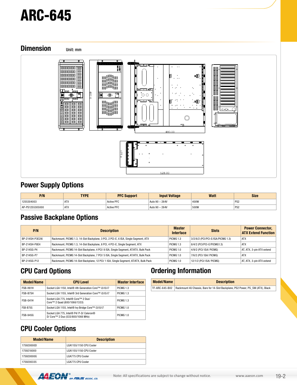 Arc-645, Dimension, Passive backplane options | Power supply options | AAEON ARC-645 User Manual | Page 2 / 2