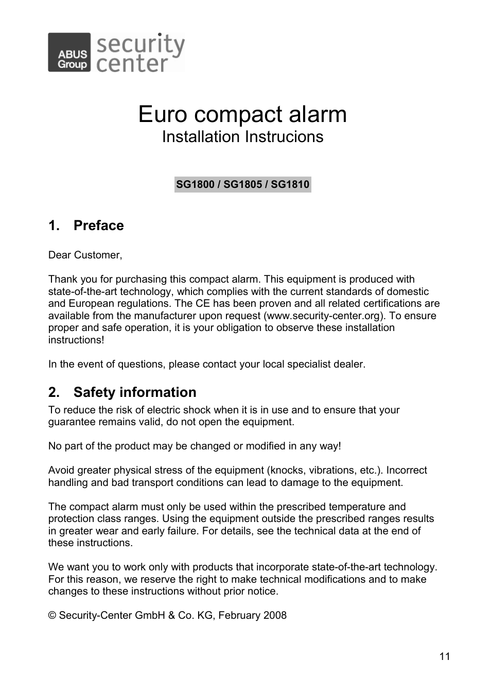 Euro compact alarm, Installation instrucions | ABUS SG1810 Profiline sounder User Manual | Page 11 / 40