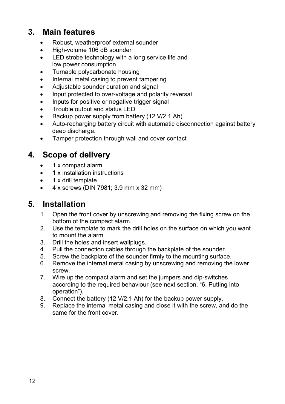 Main features, Scope of delivery, Installation | ABUS SG1810 Profiline sounder User Manual | Page 12 / 40