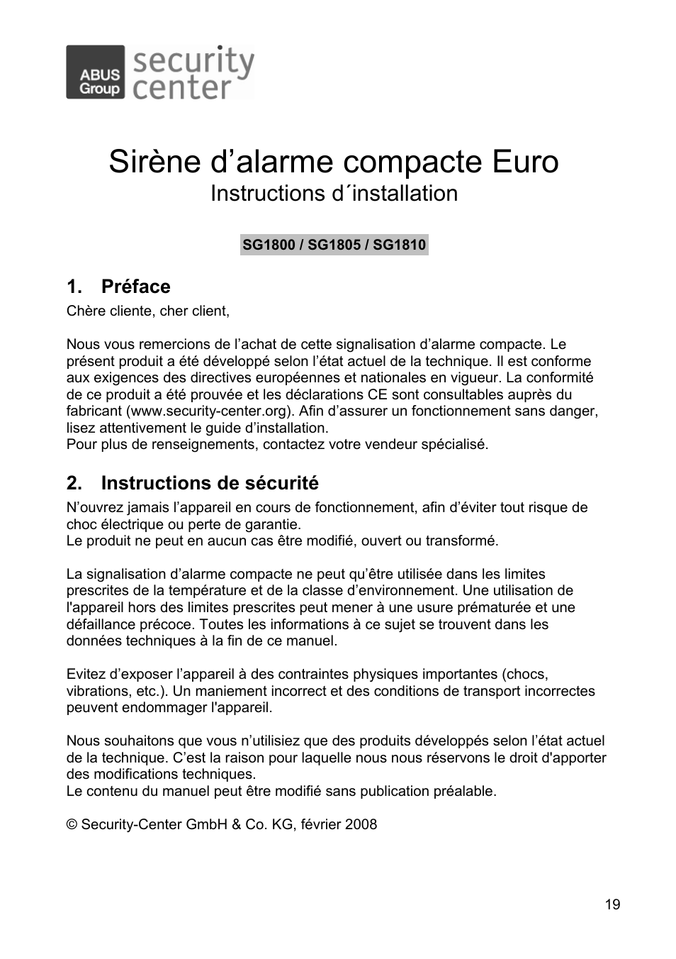 Sirène d’alarme compacte euro, Instructions d´installation | ABUS SG1810 Profiline sounder User Manual | Page 19 / 40