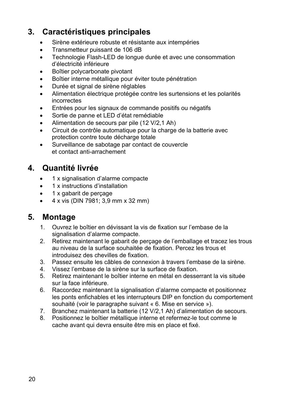 Caractéristiques principales, Quantité livrée, Montage | ABUS SG1810 Profiline sounder User Manual | Page 20 / 40