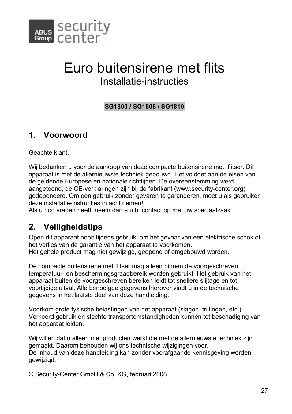 Euro buitensirene met flits, Installatie-instructies | ABUS SG1810 Profiline sounder User Manual | Page 27 / 40