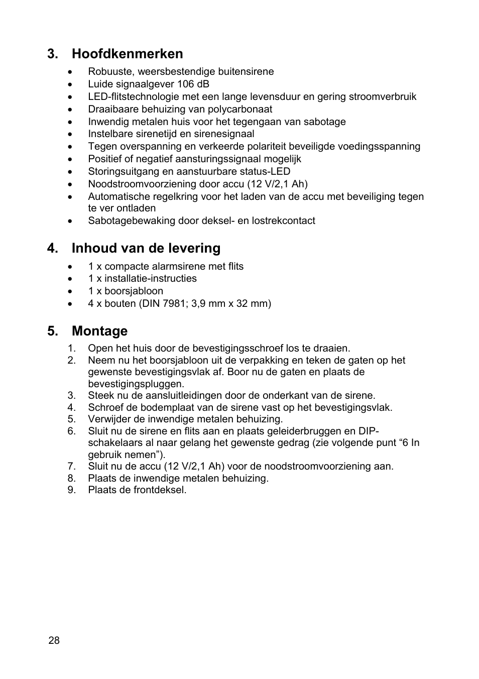 Hoofdkenmerken, Inhoud van de levering, Montage | ABUS SG1810 Profiline sounder User Manual | Page 28 / 40