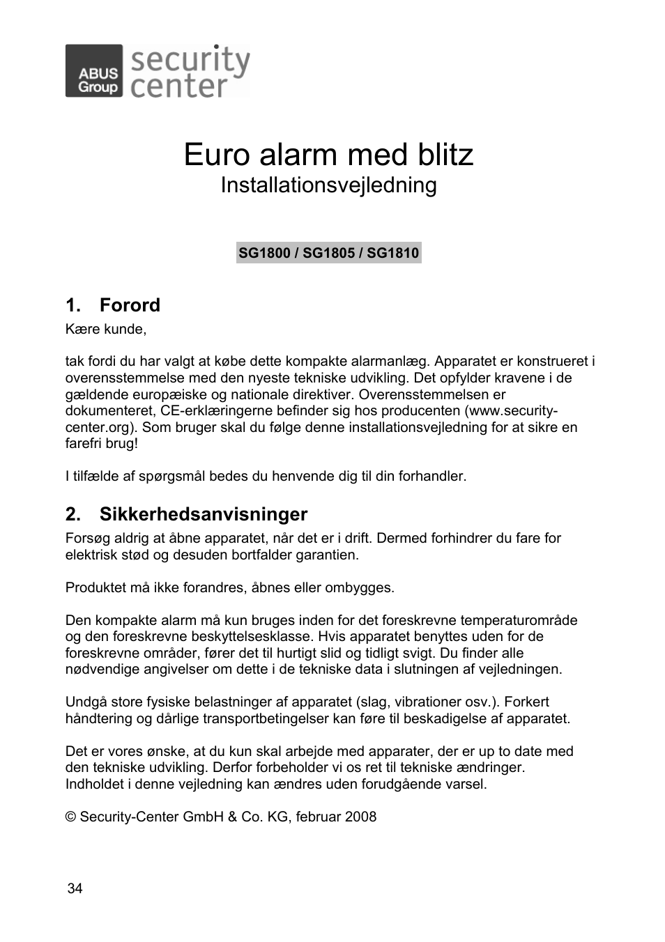 Euro alarm med blitz, Installationsvejledning | ABUS SG1810 Profiline sounder User Manual | Page 34 / 40