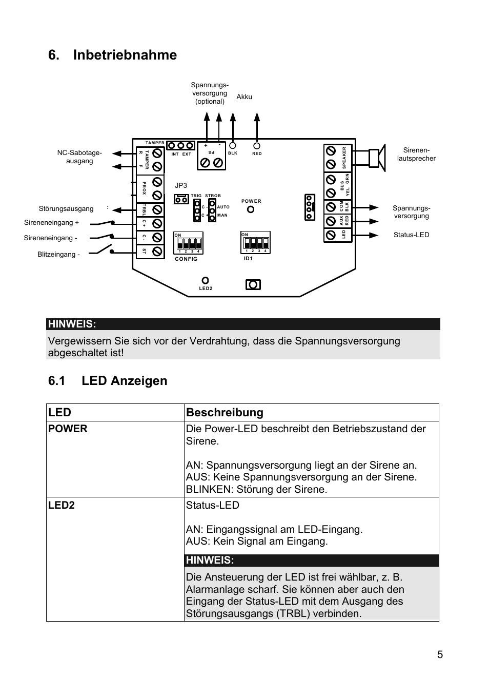 Inbetriebnahme, 1 led anzeigen, Led beschreibung | ABUS SG1810 Profiline sounder User Manual | Page 5 / 40