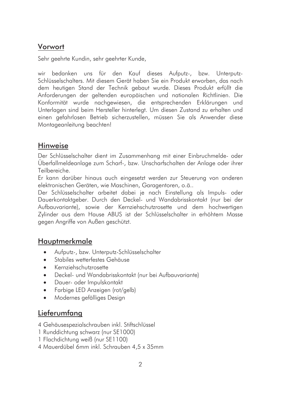 ABUS SE1010 Key switch incl. ABUS quality cylinder User Manual | Page 2 / 24