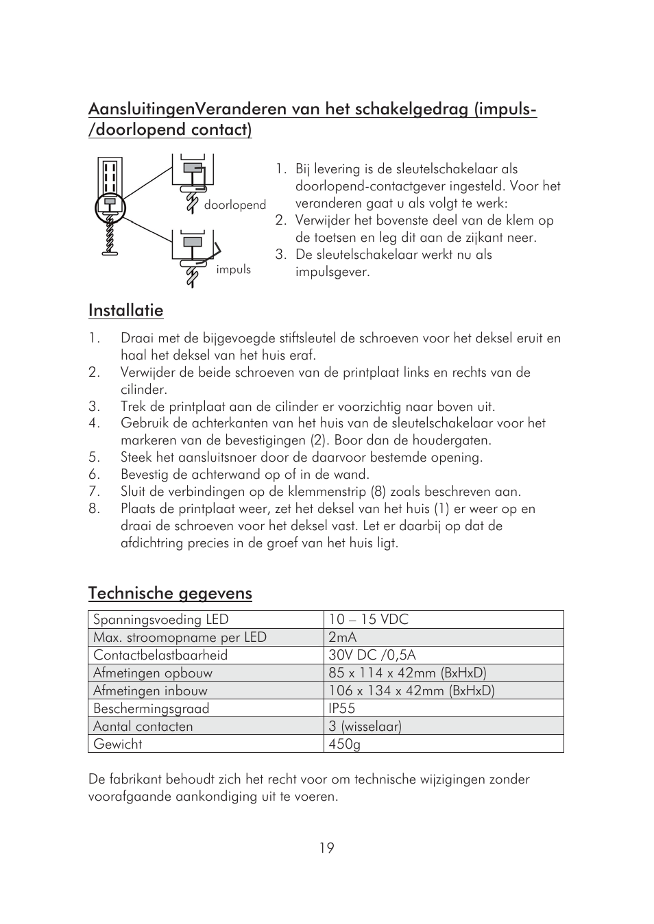 Installatie, Technische gegevens | ABUS SE1010 Key switch incl. ABUS quality cylinder User Manual | Page 20 / 24