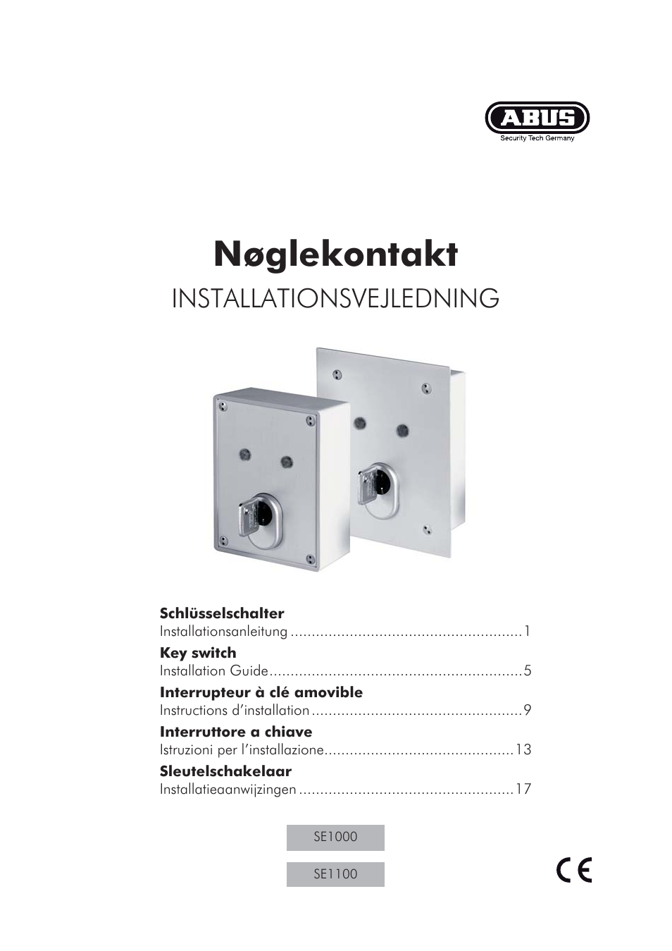 Nøglekontakt, Installationsvejledning | ABUS SE1010 Key switch incl. ABUS quality cylinder User Manual | Page 21 / 24