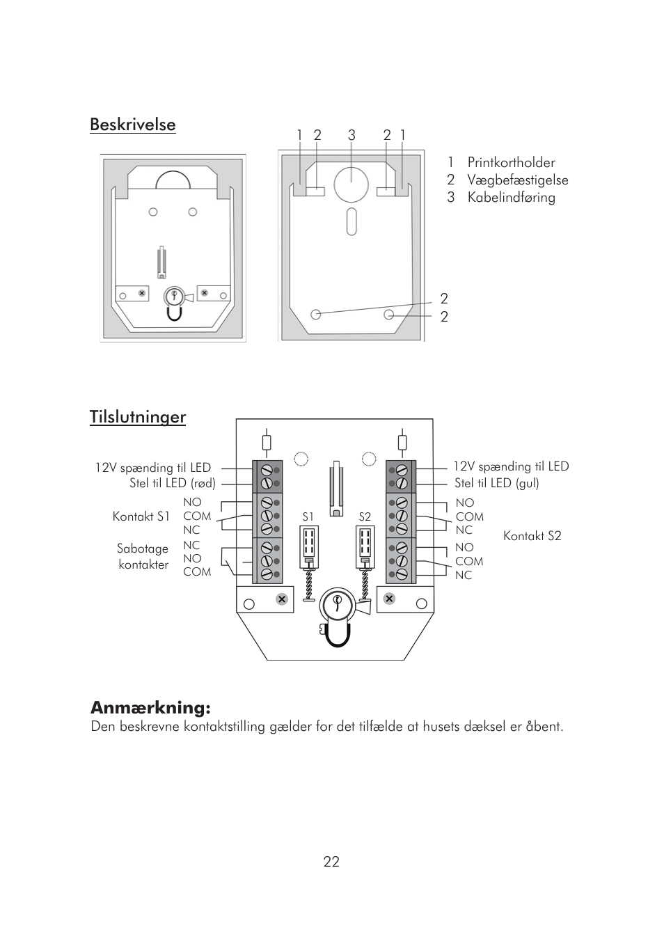 Beskrivelse, Tilslutninger, Anmærkning | ABUS SE1010 Key switch incl. ABUS quality cylinder User Manual | Page 23 / 24