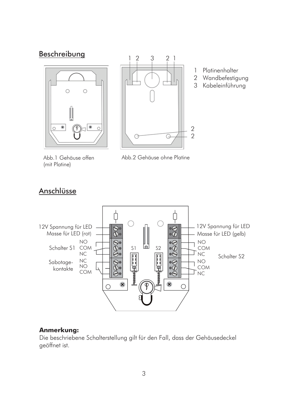 Beschreibung, Anschlüsse | ABUS SE1010 Key switch incl. ABUS quality cylinder User Manual | Page 3 / 24