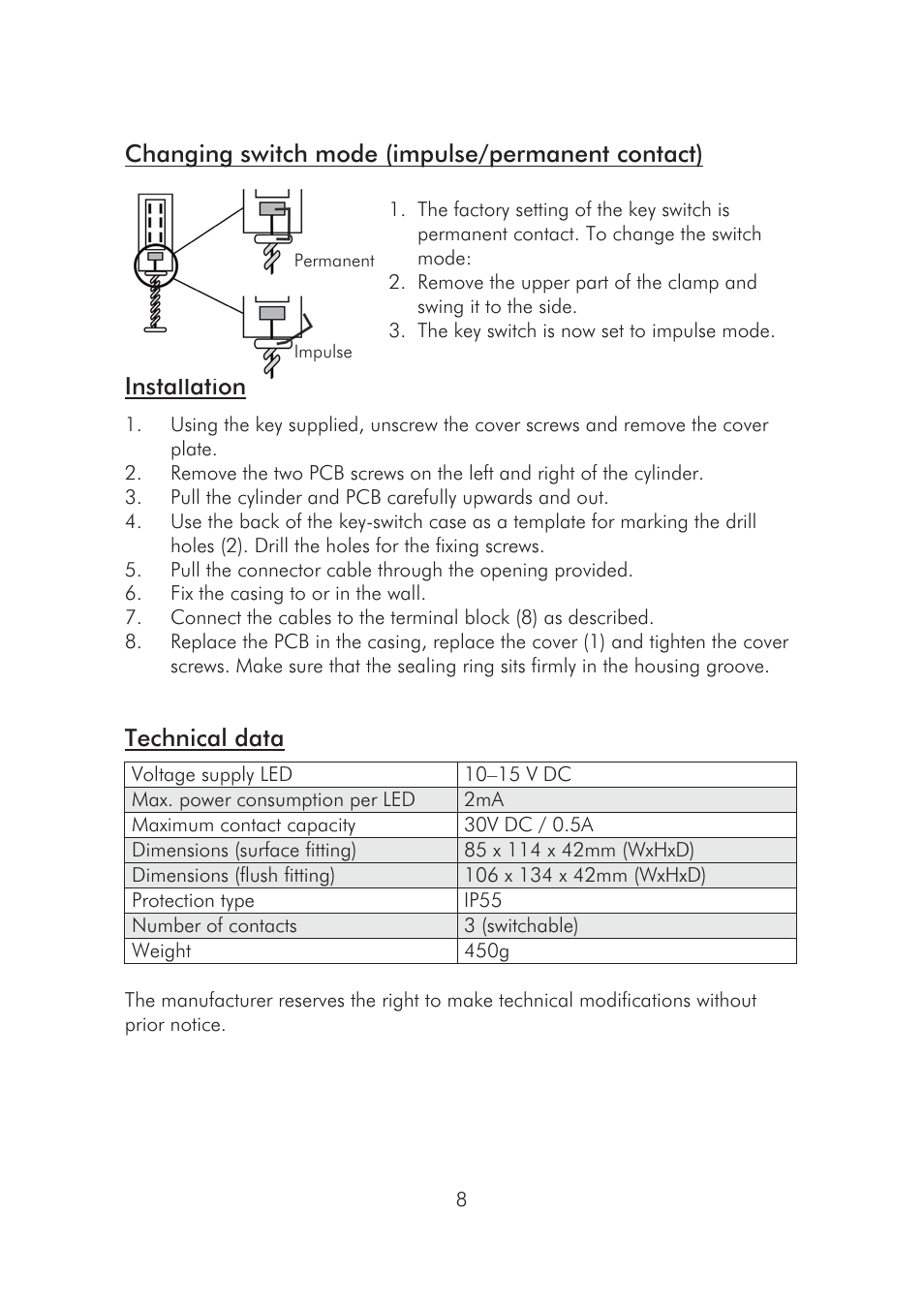 Changing switch mode (impulse/permanent contact), Installation, Technical data | ABUS SE1010 Key switch incl. ABUS quality cylinder User Manual | Page 8 / 24