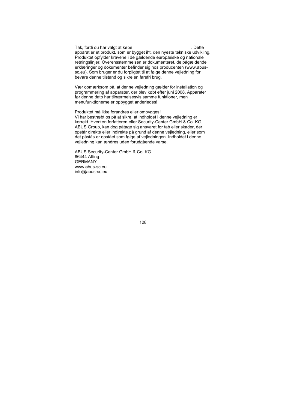 Forord | ABUS AZ6301 Terxon PSTN dialer User Manual | Page 128 / 189