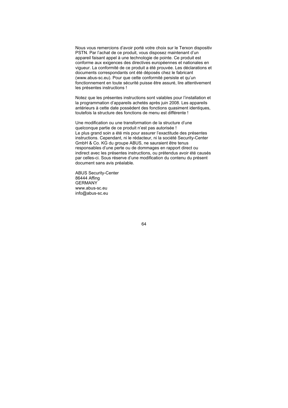 Préface | ABUS AZ6301 Terxon PSTN dialer User Manual | Page 64 / 189