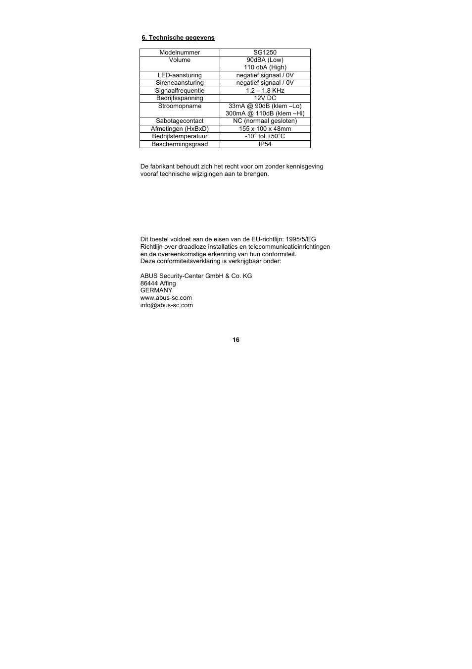 ABUS SG1250 Inside siren User Manual | Page 16 / 19
