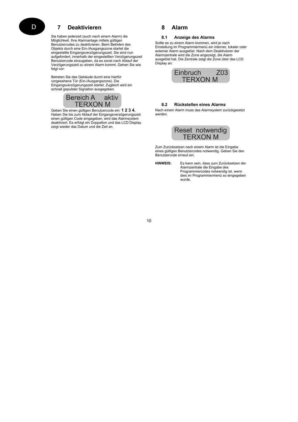 7 deaktivieren, 8 alarm | ABUS AZ4110 LCD Keypad for Terxon SX_MX Operating instructions User Manual | Page 10 / 82