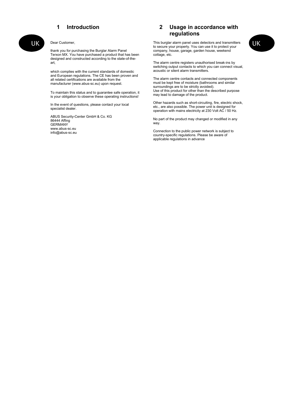 1 introduction, 2 usage in accordance with regulations | ABUS AZ4110 LCD Keypad for Terxon SX_MX Operating instructions User Manual | Page 24 / 82