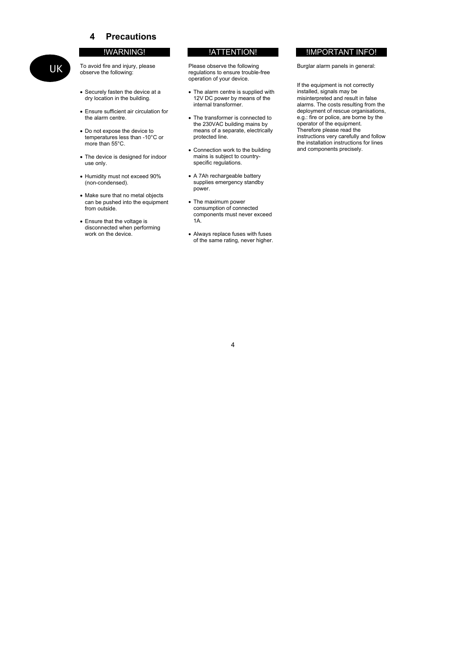 4 precautions | ABUS AZ4110 LCD Keypad for Terxon SX_MX Operating instructions User Manual | Page 26 / 82