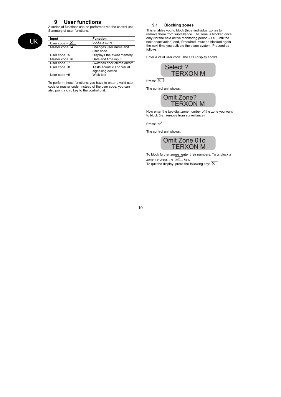 9 user functions | ABUS AZ4110 LCD Keypad for Terxon SX_MX Operating instructions User Manual | Page 32 / 82