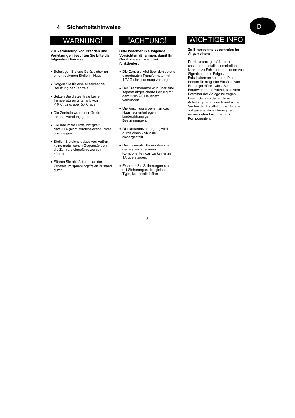 Warnung, Achtung, Wichtige info | 4 sicherheitshinweise | ABUS AZ4110 LCD Keypad for Terxon SX_MX Operating instructions User Manual | Page 5 / 82