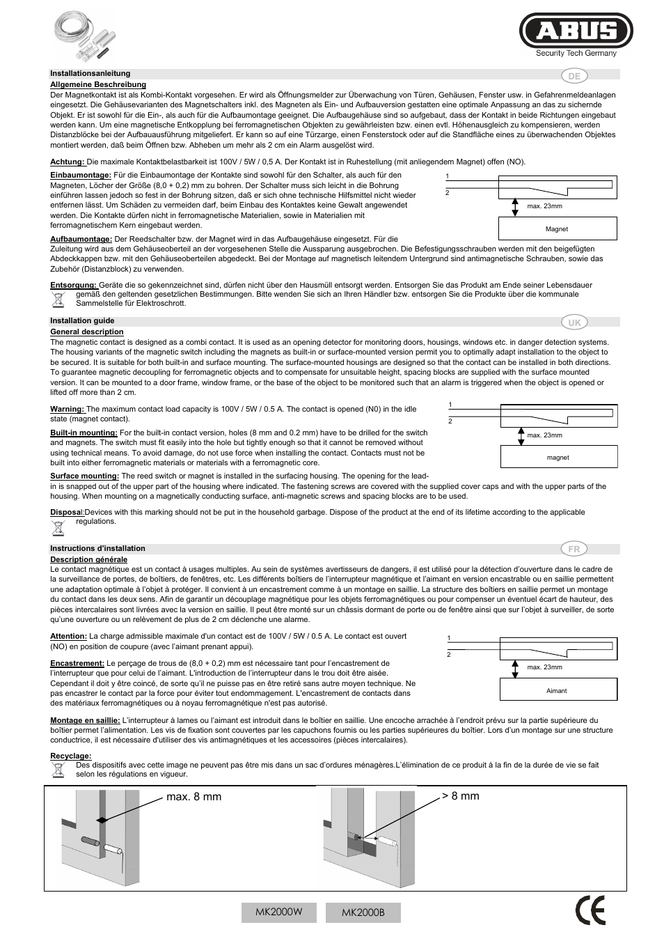 ABUS MK2000 Opening detector, 5m, 2-core User Manual | 2 pages