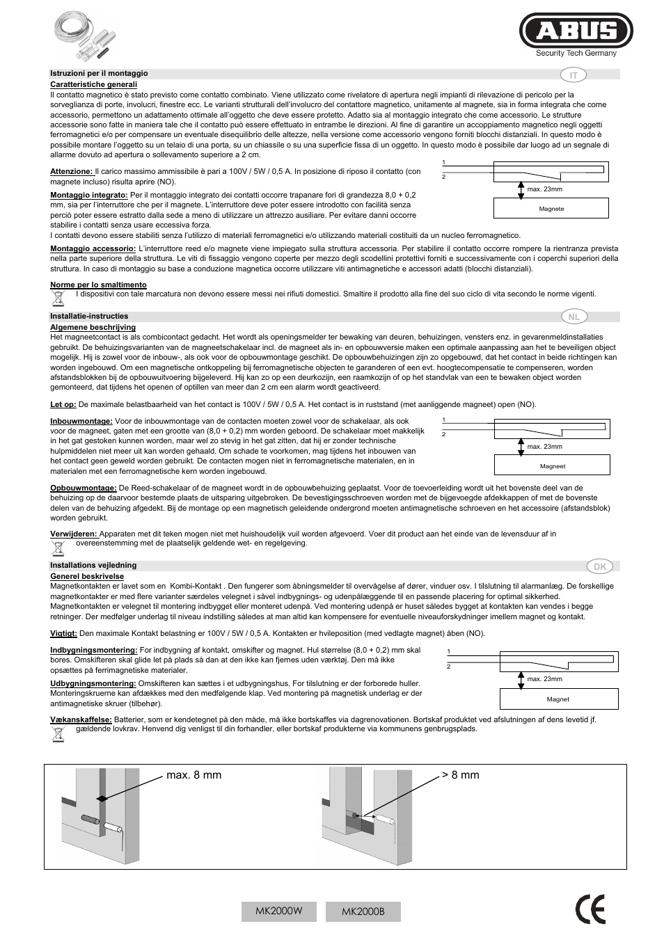 Max. 8 mm > 8 mm | ABUS MK2000 Opening detector, 5m, 2-core User Manual | Page 2 / 2