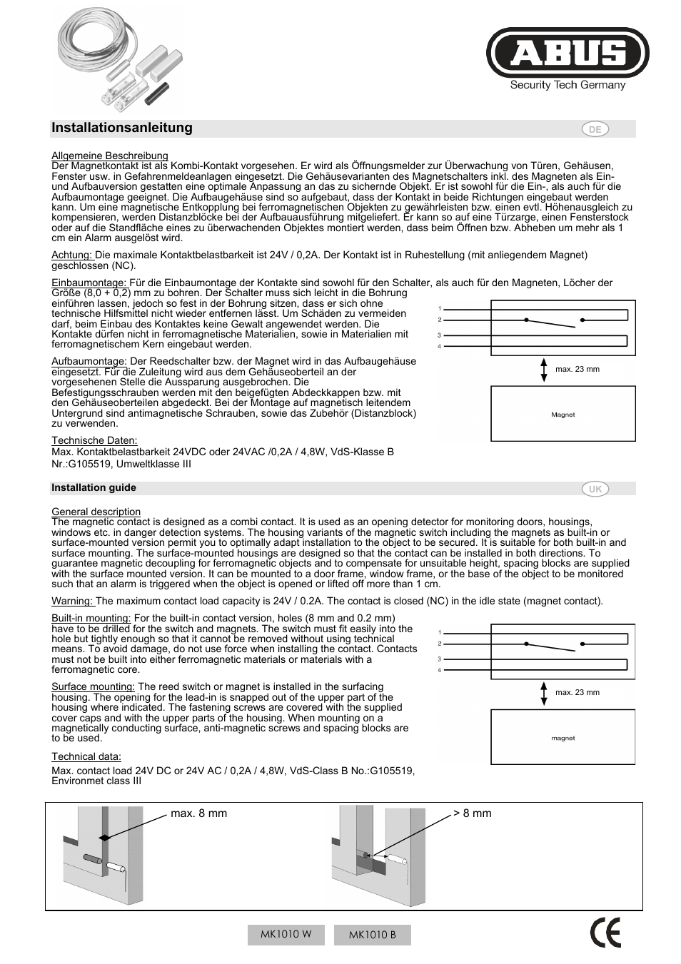ABUS MK1010 Opening detector, 4 m, 4-core User Manual | 4 pages