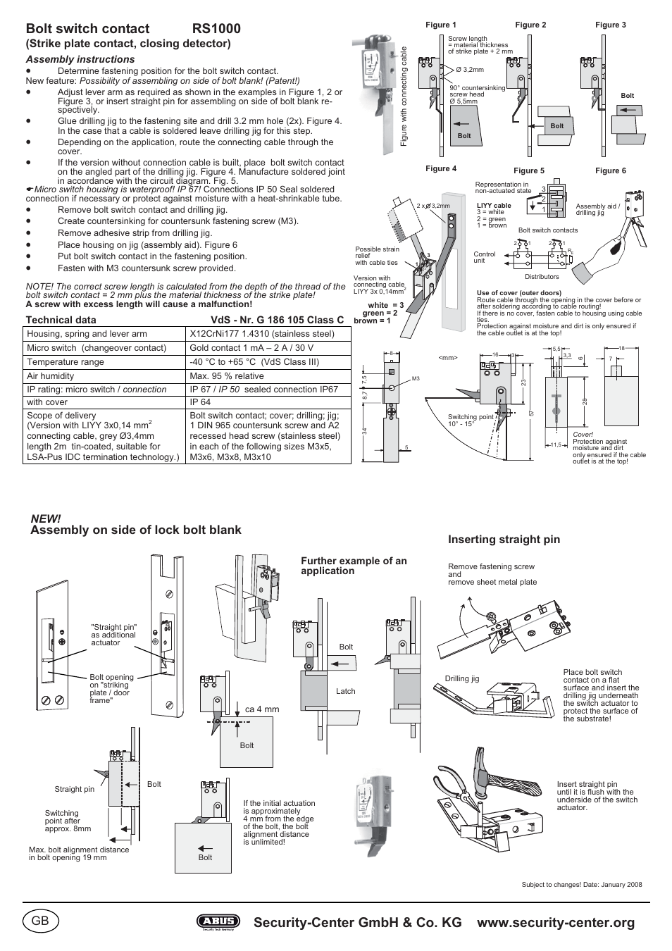 Bolt switch contact, Assembly on side of lock bolt blank, Strike plate contact, closing detector) | Inserting straight pin | ABUS RS1000 Bar switching contact User Manual | Page 2 / 4