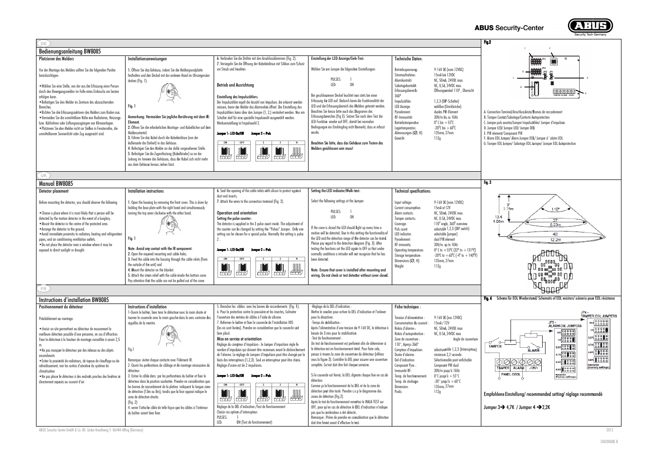 ABUS BW8085 Wired motion detector 360 User Manual | 2 pages