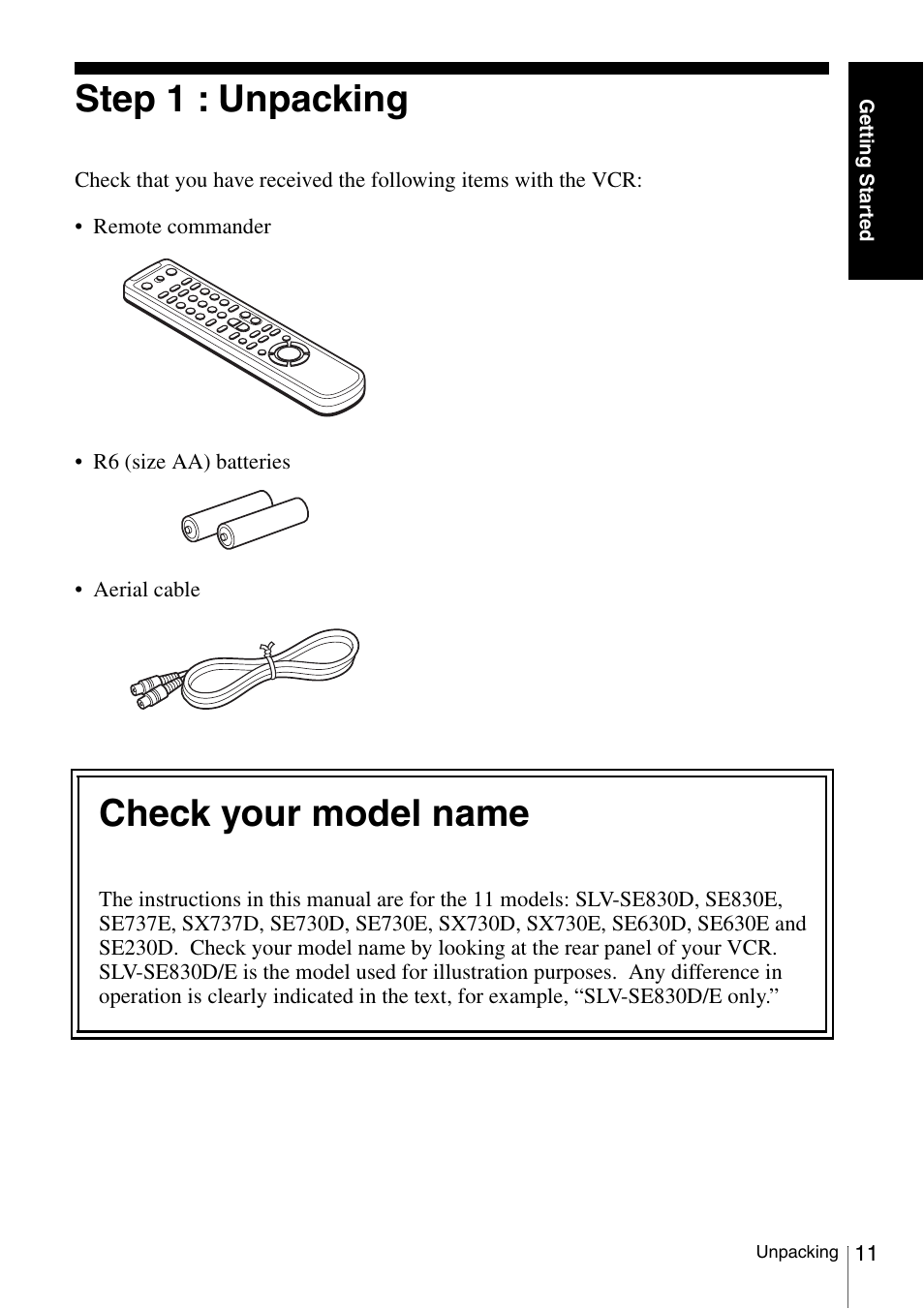 Step 1 : unpacking, 11 s, Check your model name | Sony SLV-SE230D User Manual | Page 11 / 80