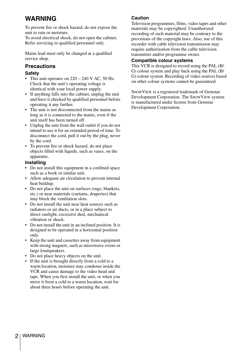 Warning | Sony SLV-SE230D User Manual | Page 2 / 80