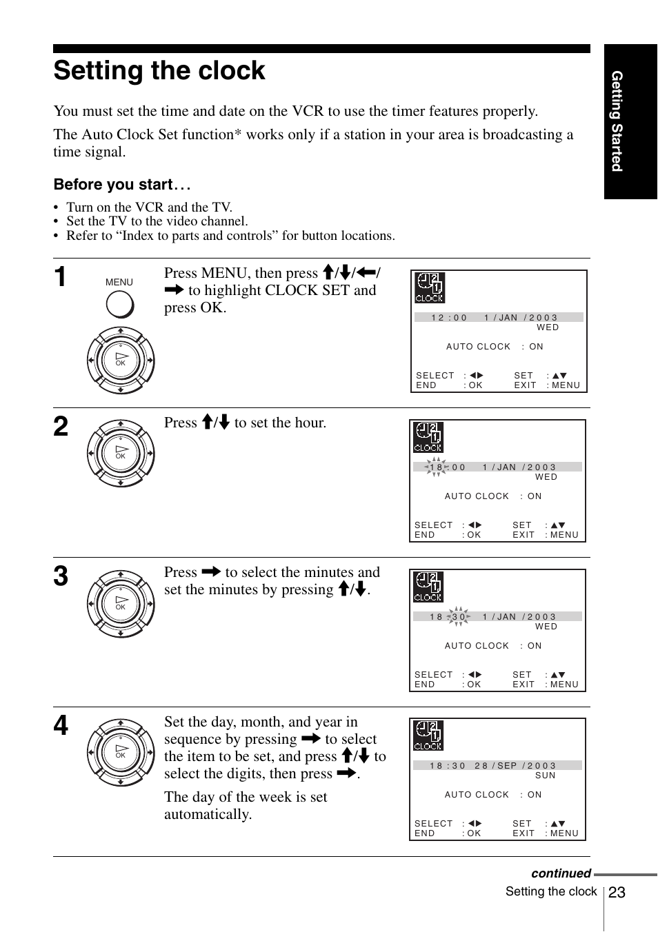 Setting the clock, On (23) (59), N (23) (3 | On (23) (38), Tton (23), Press m/m to set the hour, Getting star ted | Sony SLV-SE230D User Manual | Page 23 / 80