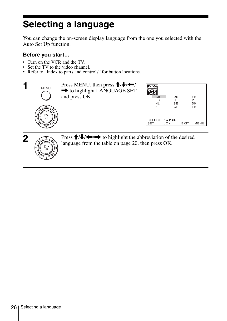 Selecting a language, Select | Sony SLV-SE230D User Manual | Page 26 / 80