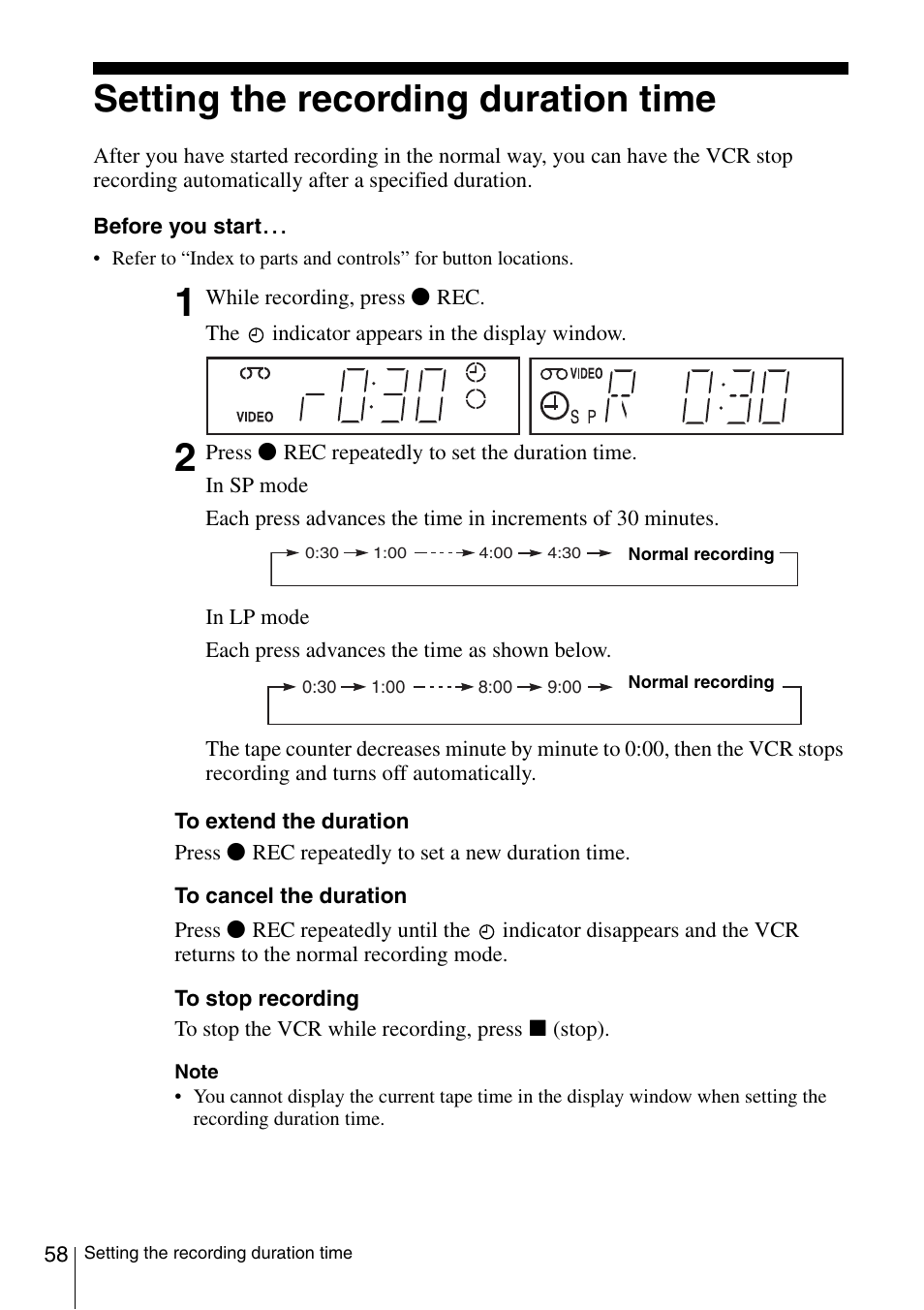 Setting the recording duration time | Sony SLV-SE230D User Manual | Page 58 / 80