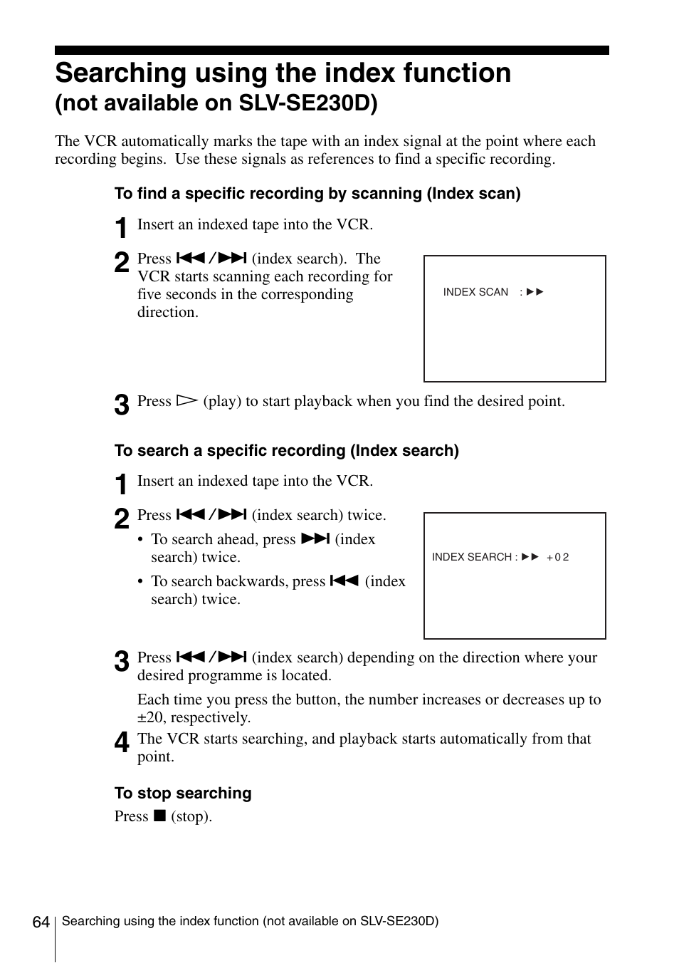 Searching, Searching using the index function, Not available on slv-se230d) | Sony SLV-SE230D User Manual | Page 64 / 80