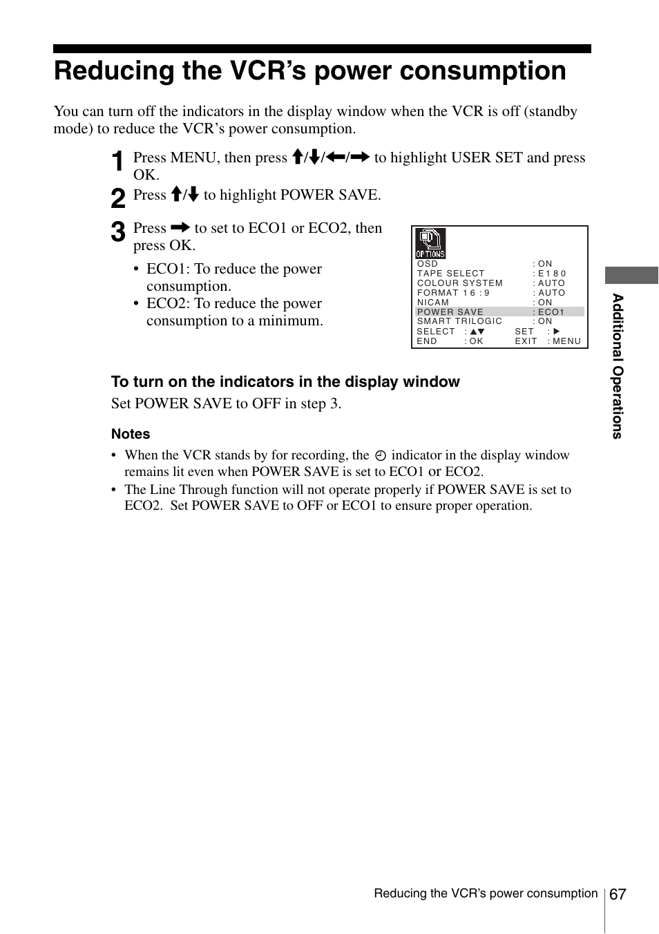 Reducing the vcr’s power consumption, Reducin, Press m/m to highlight power save | Sony SLV-SE230D User Manual | Page 67 / 80