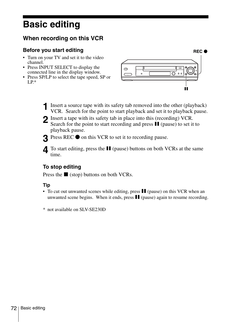 Basic editing | Sony SLV-SE230D User Manual | Page 72 / 80